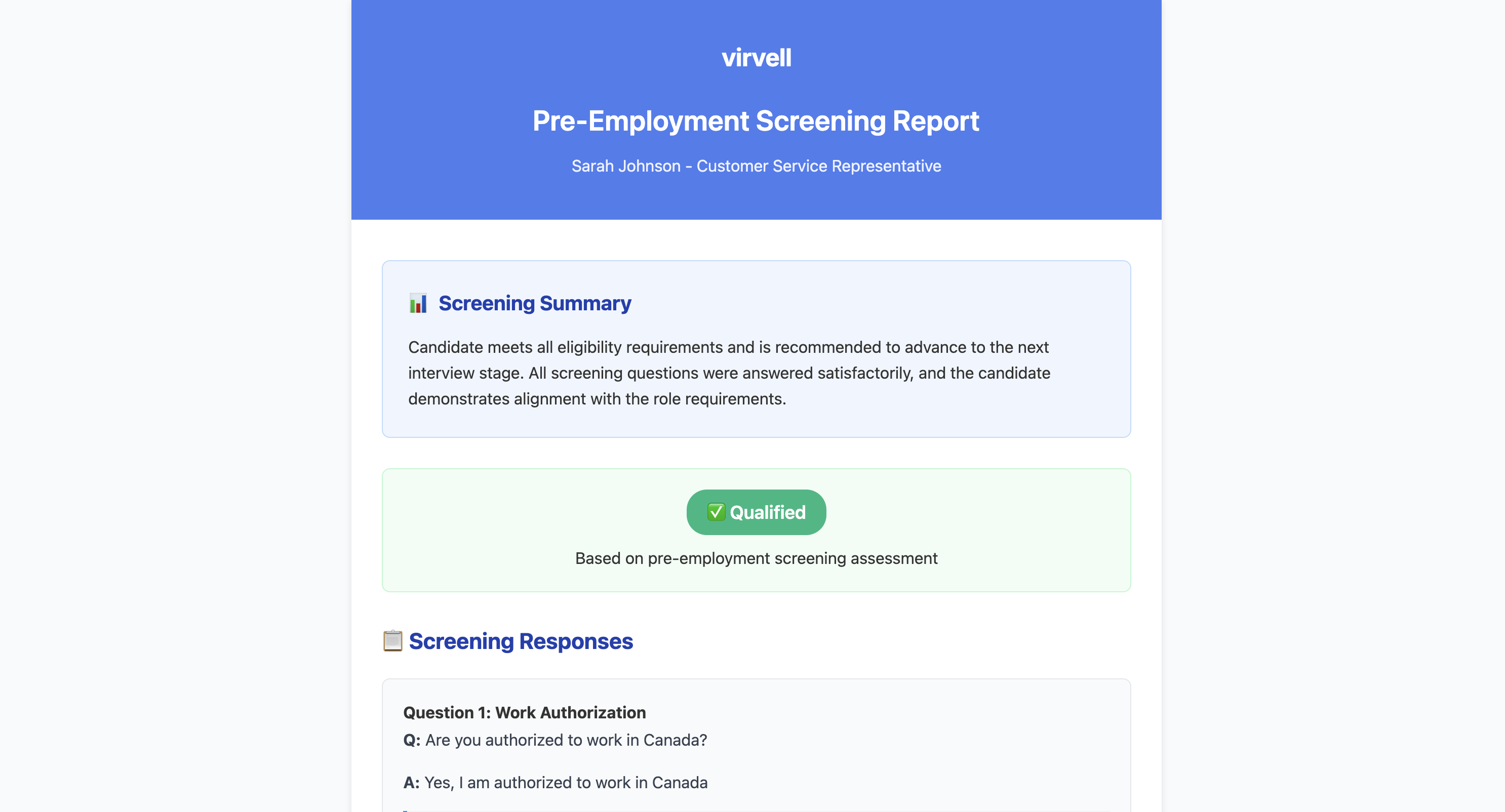 Pre-screen report showing qualification status