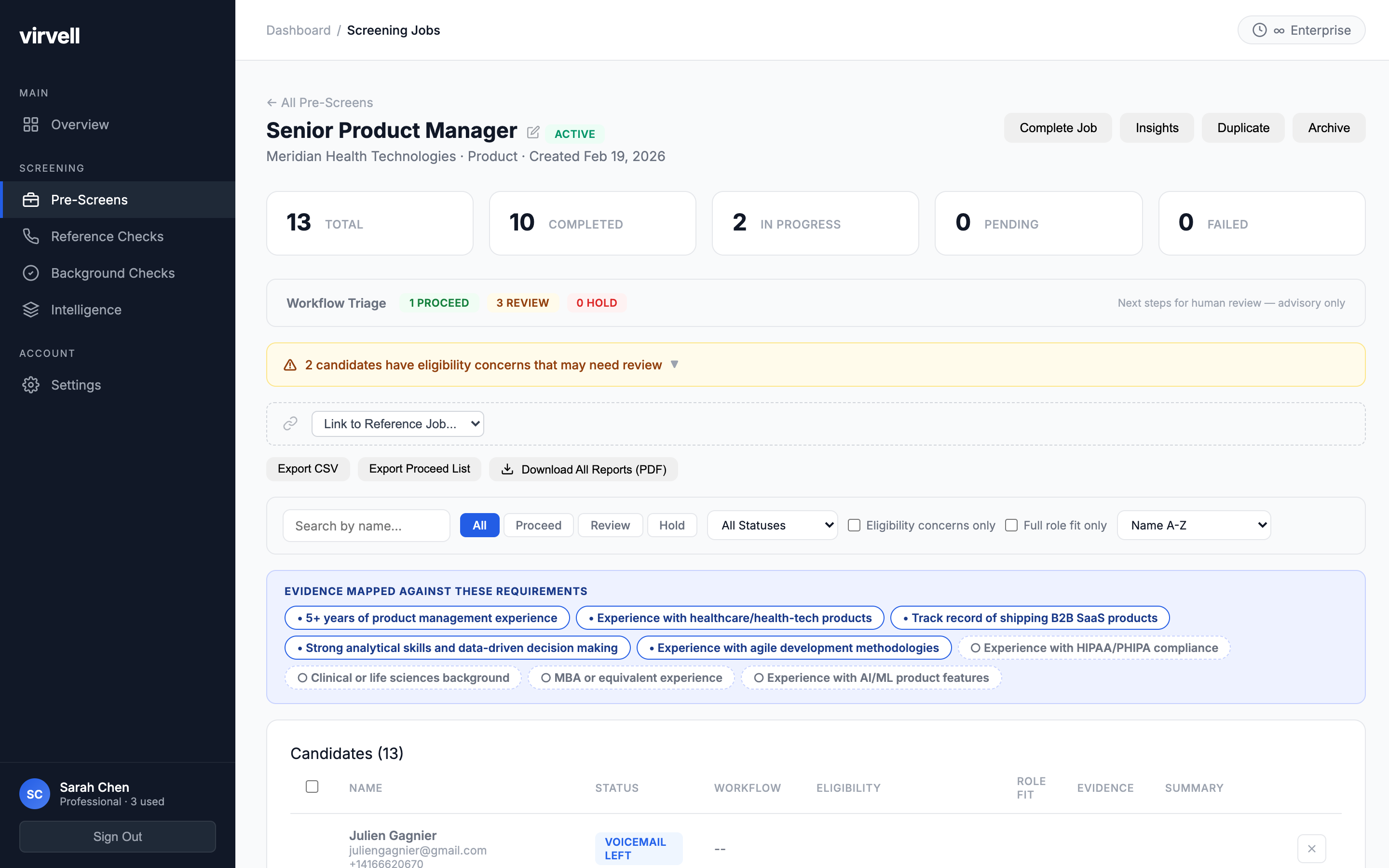 Screening job detail showing candidates with workflow badges and eligibility status