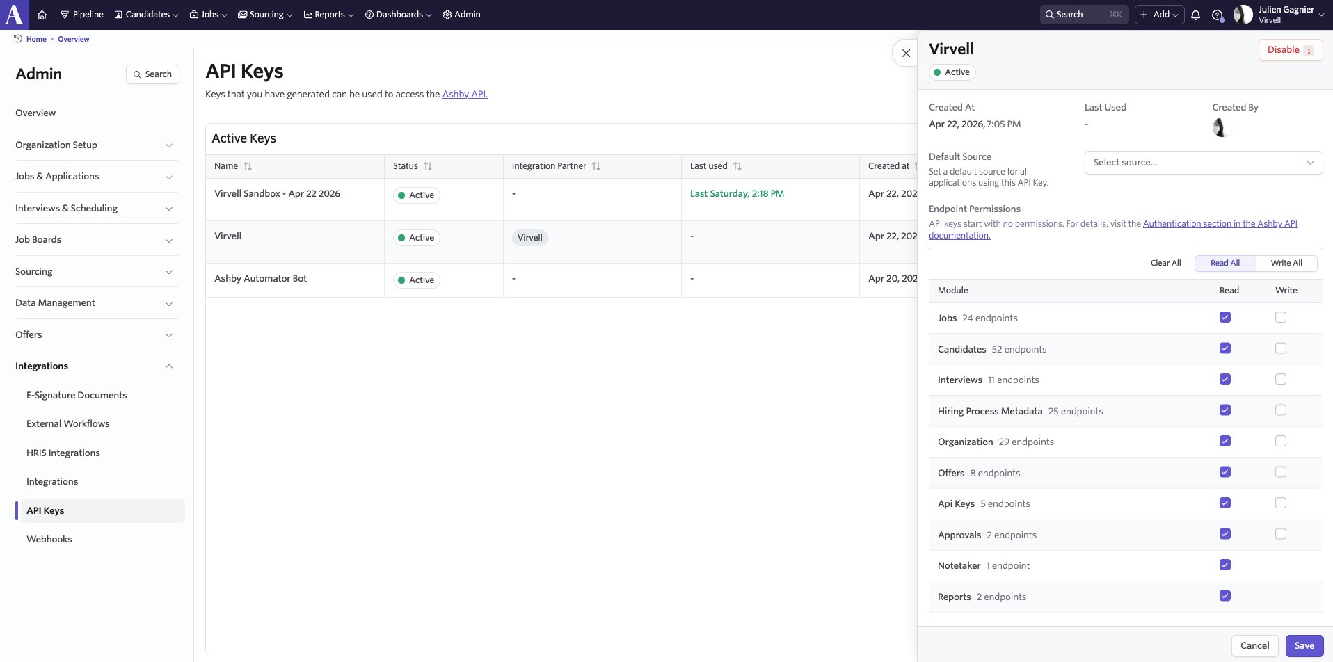 API key permissions. Enable Candidates Read and Write.